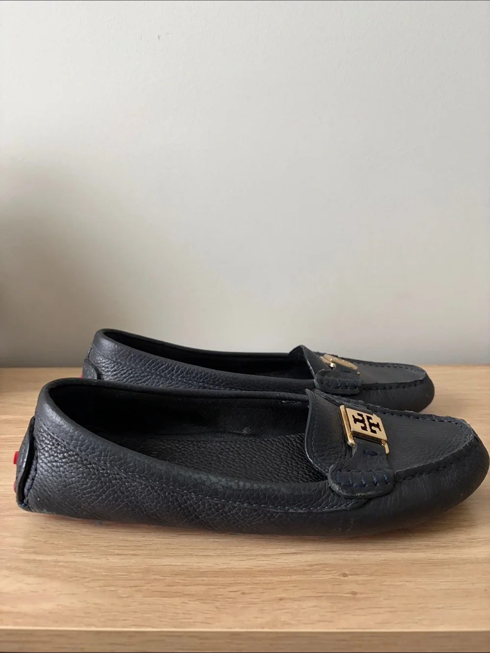 Tory Burch Navy Leather Loafers with Gold Logo Accent